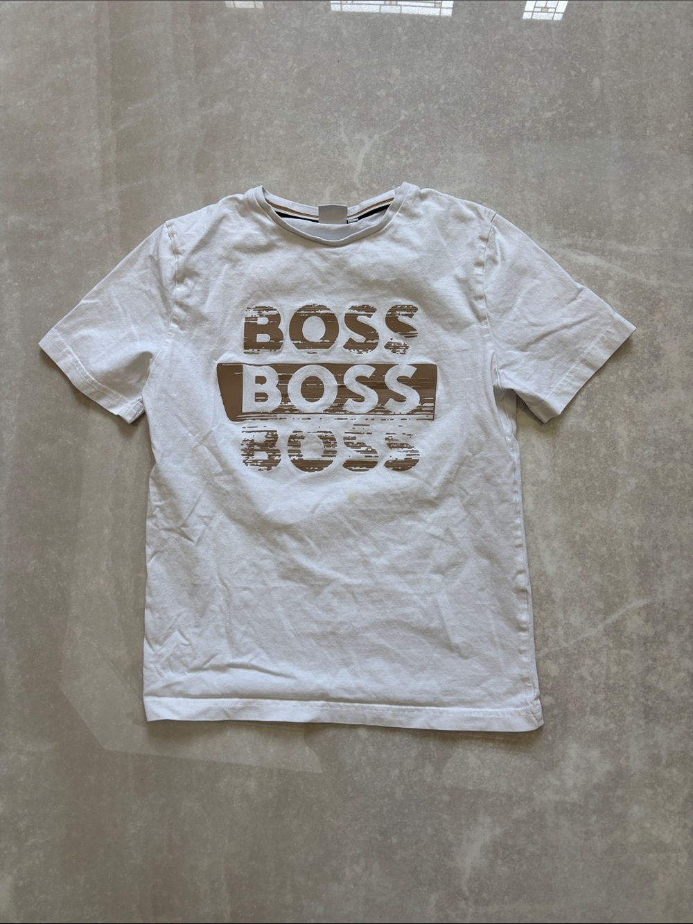 Boss White Tee with Tan Stacked Logo Print